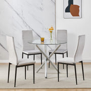 Compact Round Glass Dining Table with 4 Grey Velvet Chairs | Kitchen Set