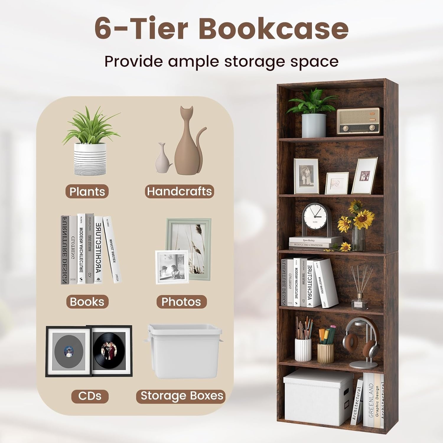 Tall 6-Tier Bookshelf Storage Unit Rustic Wood Shelving Rack for Living Room