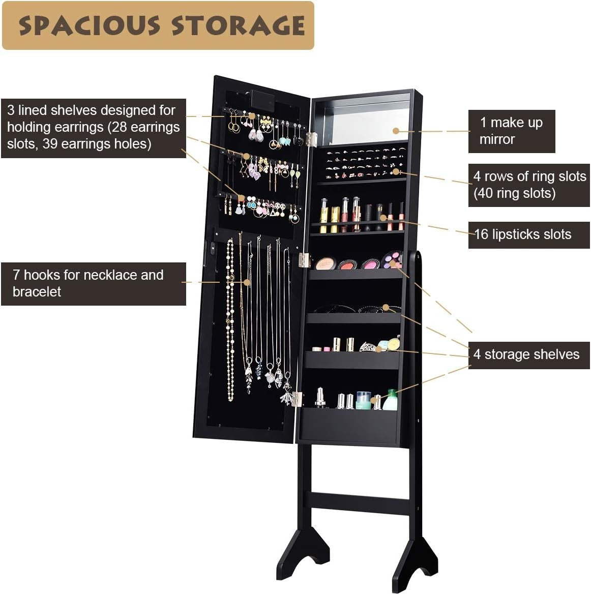 Black LED Full Length Mirror Jewelry Cabinet Lockable Freestanding Organizer