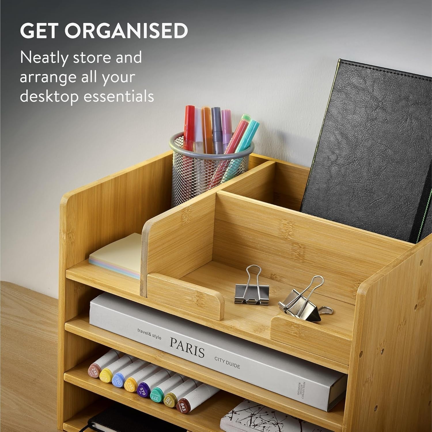Bamboo Desk Organiser with Drawers & Compartments for Office & Stationery