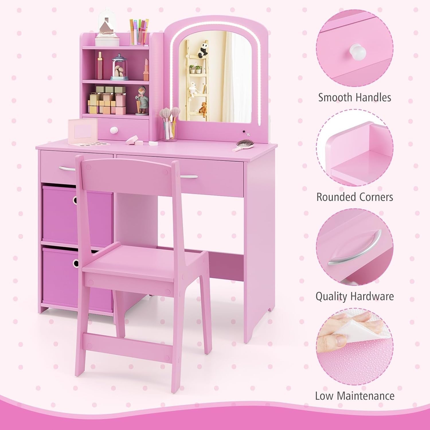 Kids Vanity Table Set with Mirror & Lights 3 Drawers Desk Storage Pink Children'