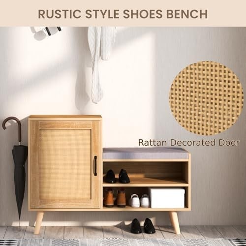 Rattan Shoe Cabinet Bench with Cushion Adjustable Shelves Pine Wood Legs Unit