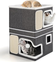 3 Layer Cat House Foldable Cat Cube Cave Condo w Scratch Pads Grey