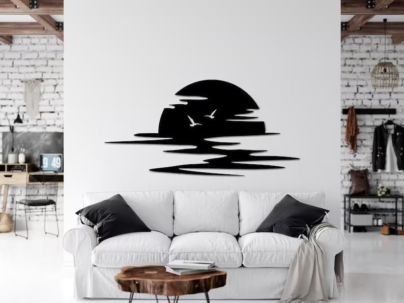 Large Metal Sun Wall Art 74x37cm Black Sunrise Decor