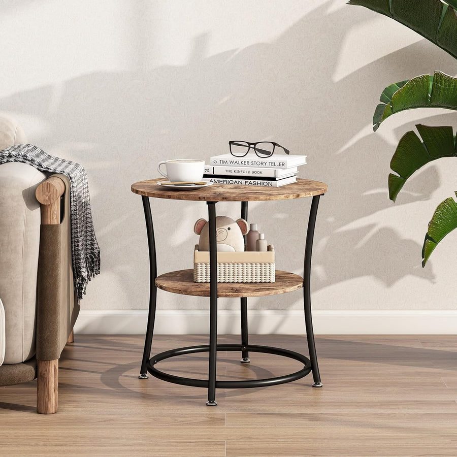 Round 2-Tier Rustic Brown Side Table, 55cm Coffee Table with Storage Shelf