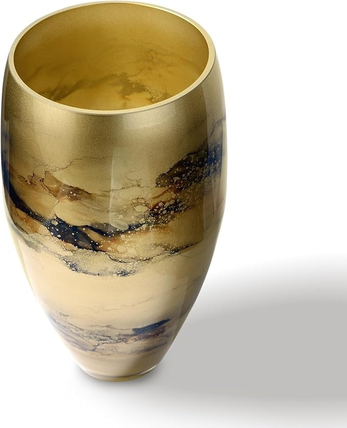 Gold Glass Floor Vase 38cm Tall Hand Blown Marble Effect Luxury Decor
