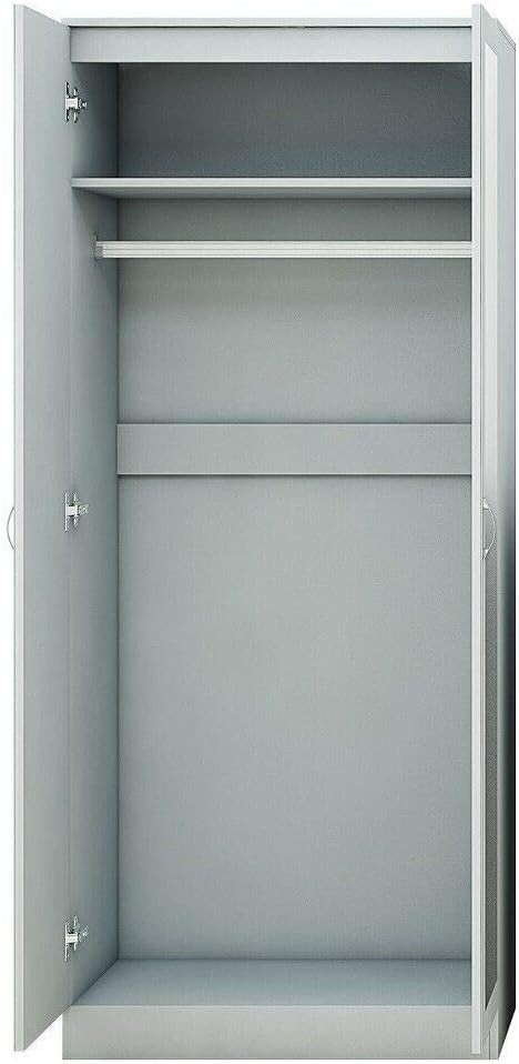 Grey Gloss 2-Door Mirrored Wardrobe with Hanging Rail & Lockable Storage