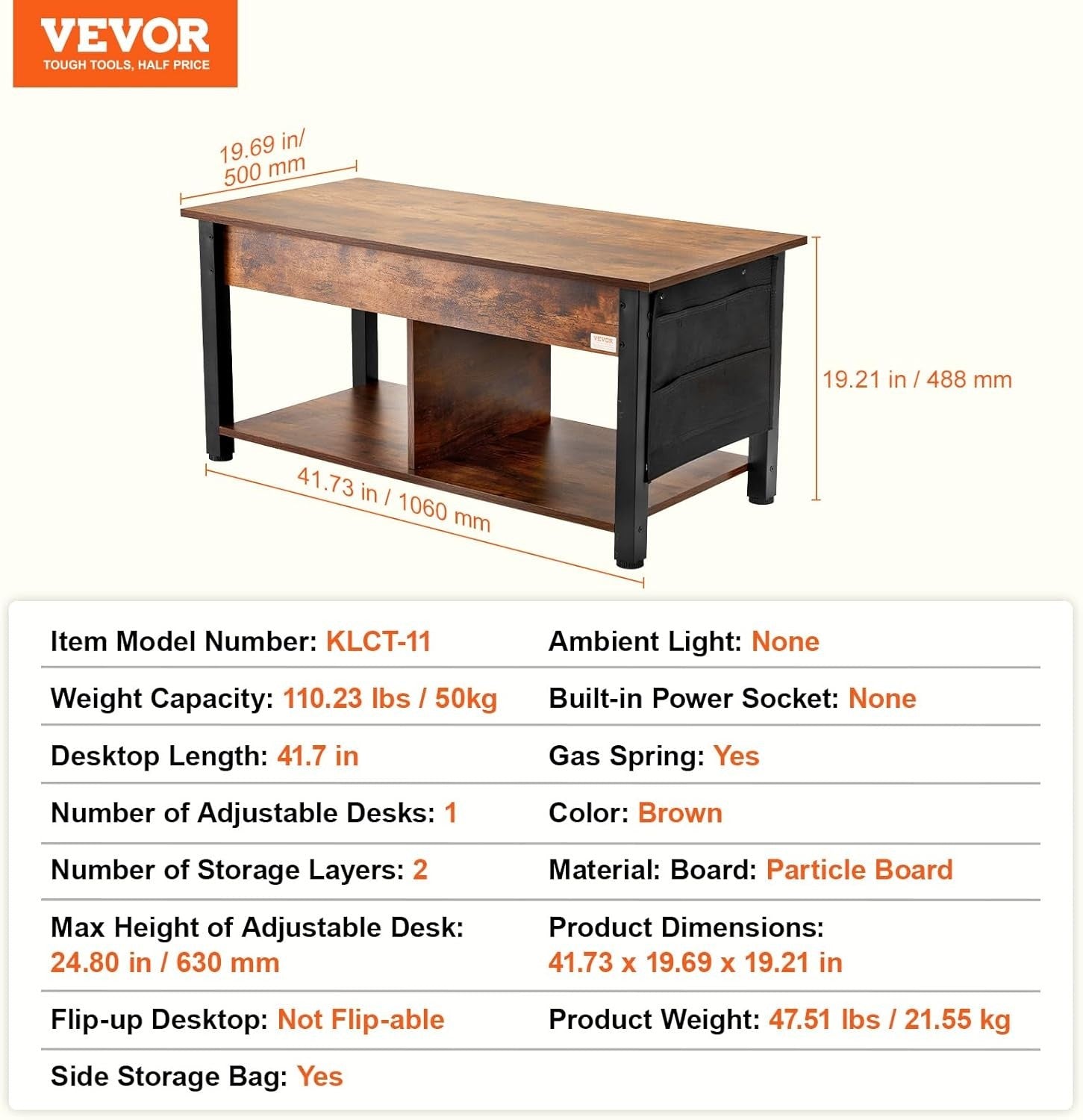 Lift Top Coffee Table with Storage, Adjustable Pop-Up Wood Table 106cm