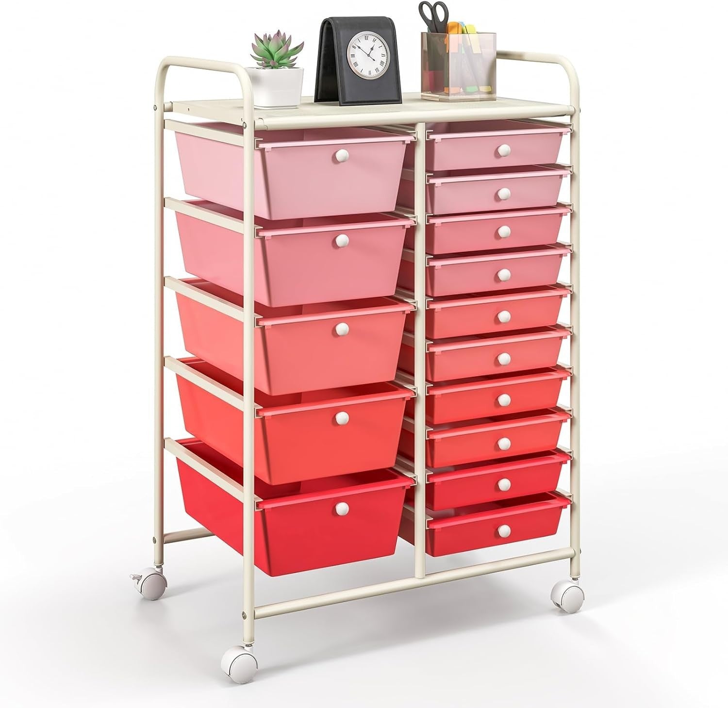 Gradient Pink 15 Drawer Rolling Storage Cart Beauty Craft Organizer