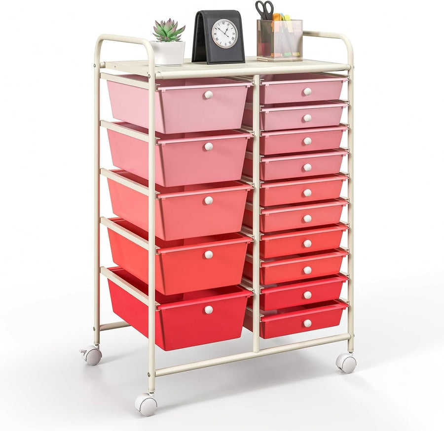 Gradient Pink 15 Drawer Rolling Storage Cart Beauty Craft Organizer