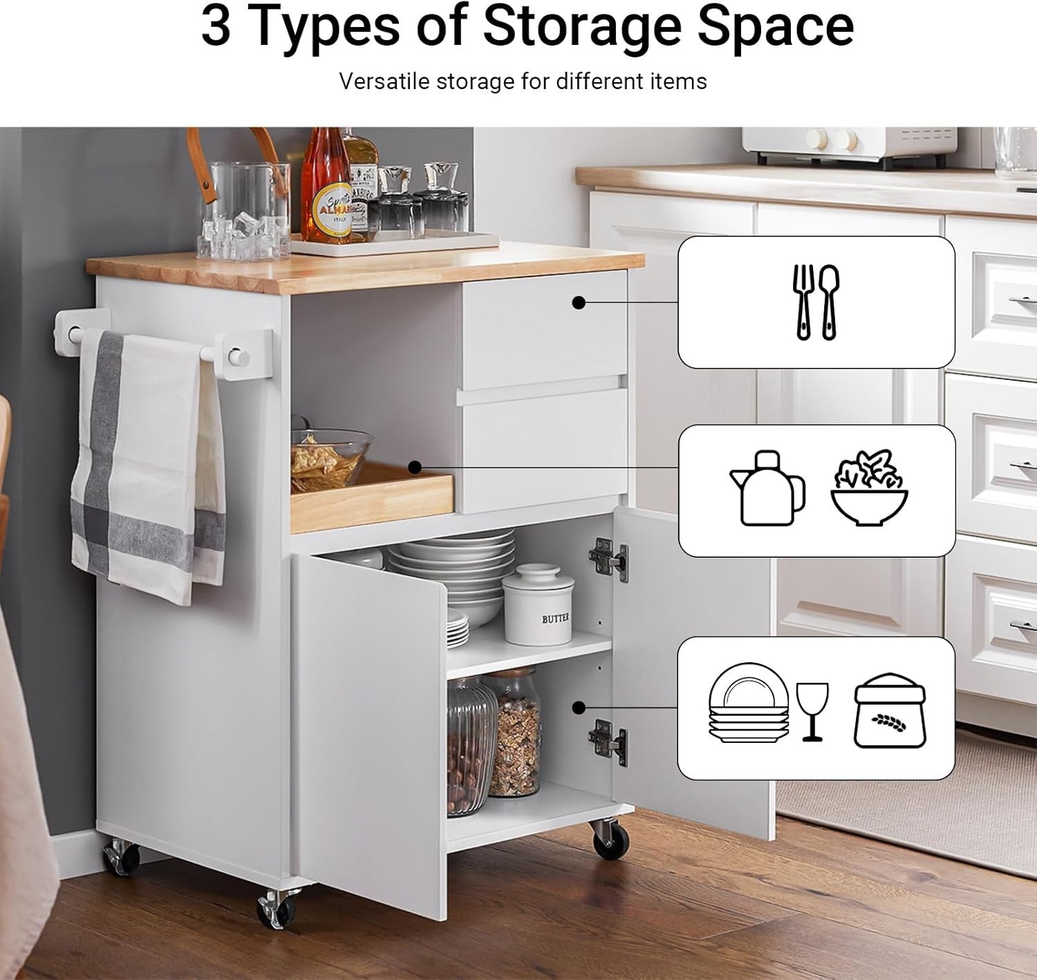 Kitchen Island on Wheels White Storage Trolley with Drawers Adjustable Shelves