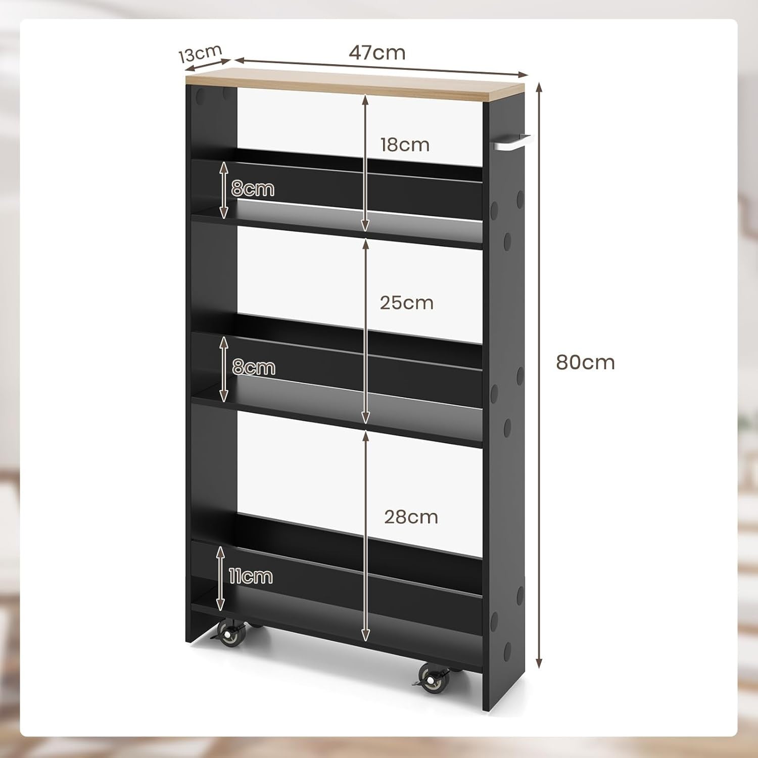 4 Tier Slim Storage Trolley Rolling Kitchen Cart Black Natural Narrow