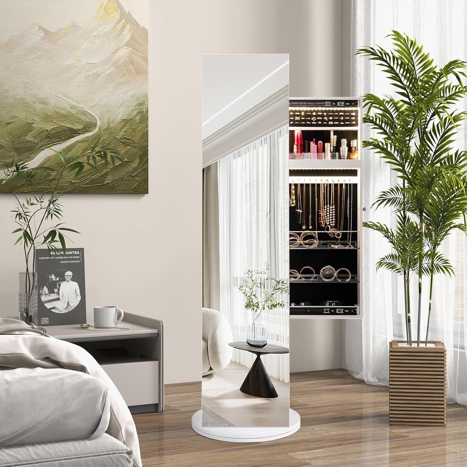 White 360° Rotating LED Jewellery Cabinet Mirror with Coat Rack