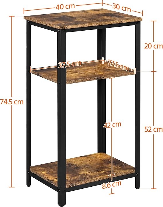 Industrial Side Tables Set of 2 | 3-Tier Rustic Brown Nightstands 75cm Tall