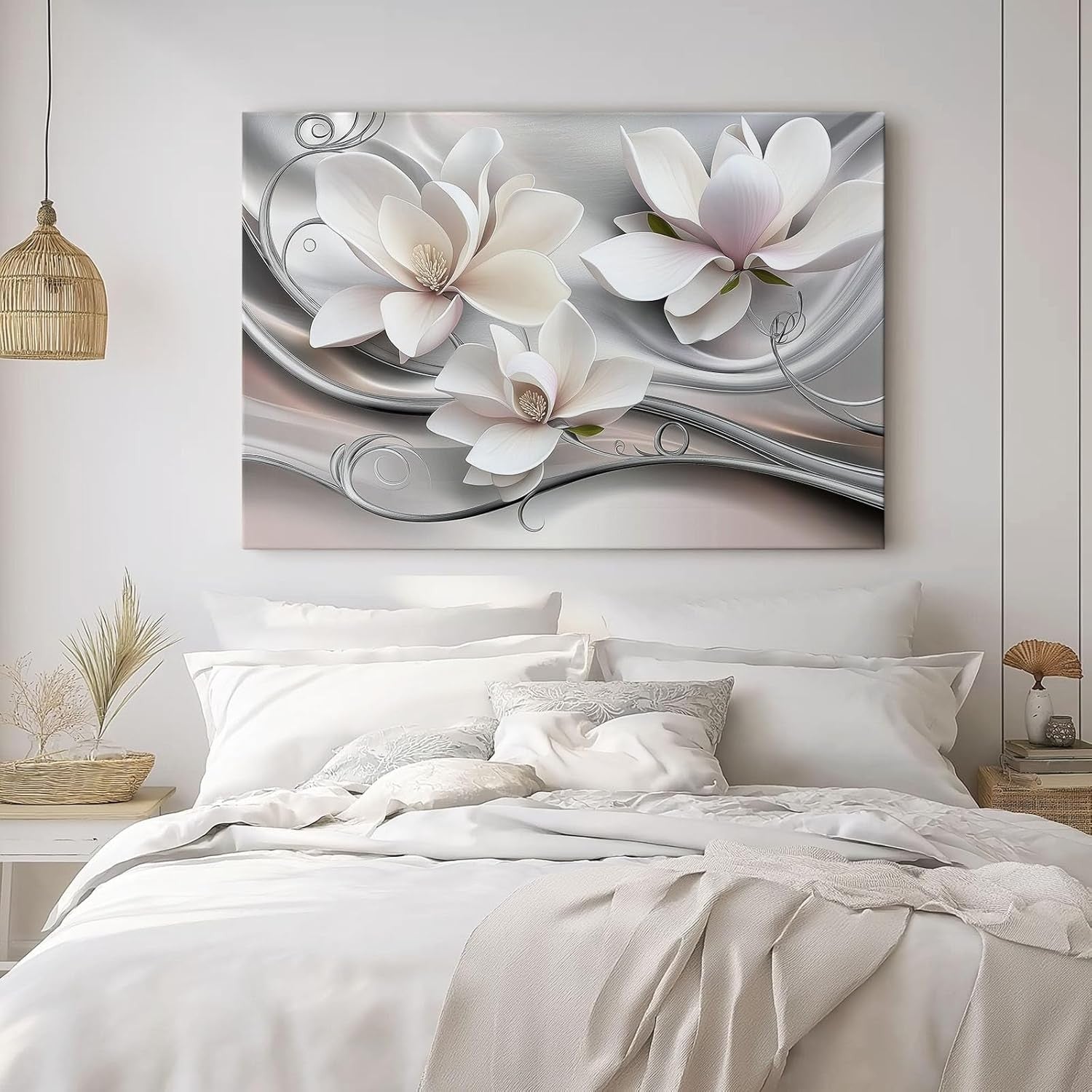 Large White Grey Floral Canvas Wall Art Modern Print 60x40cm