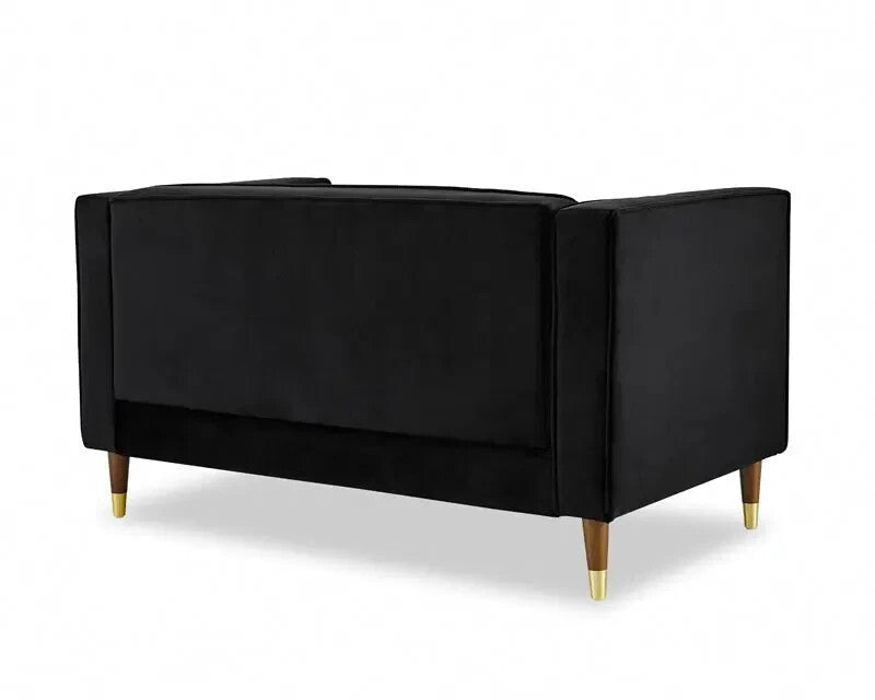 Black Velvet 2 Seater Sofa Ribbed Back Compact Couch Gold Legs UKFR