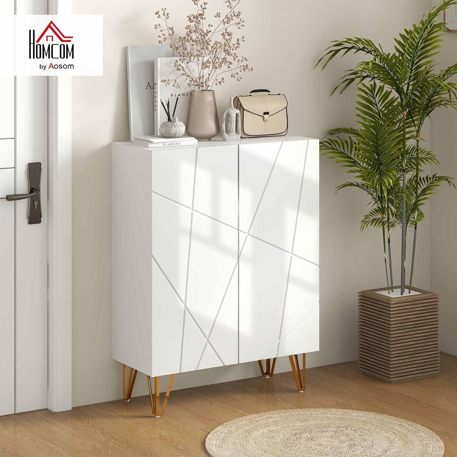 Slim High Gloss Shoe Cabinet with Soft-Close Doors & Adjustable Shelves