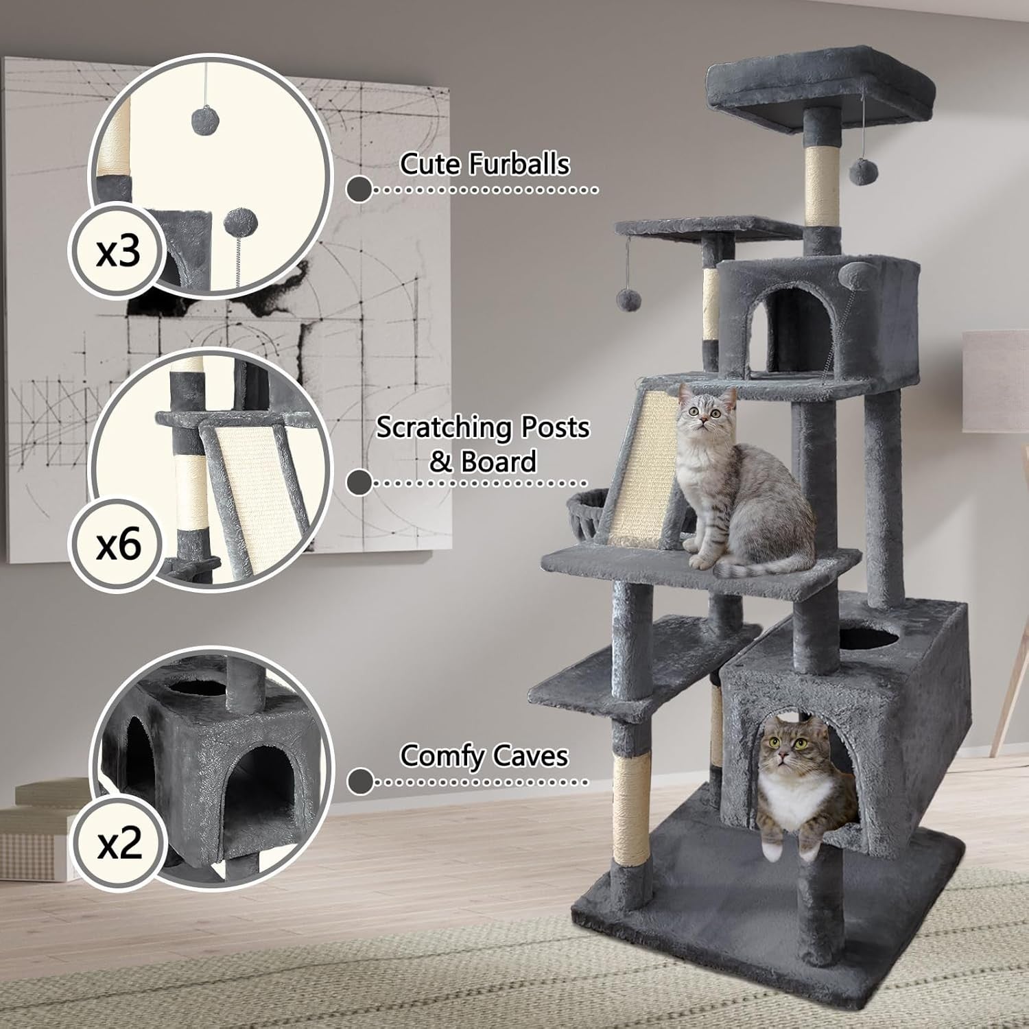 Large Cat Tree Tower 177cm Multi Level Condo Hammock Sisal Scratching Posts