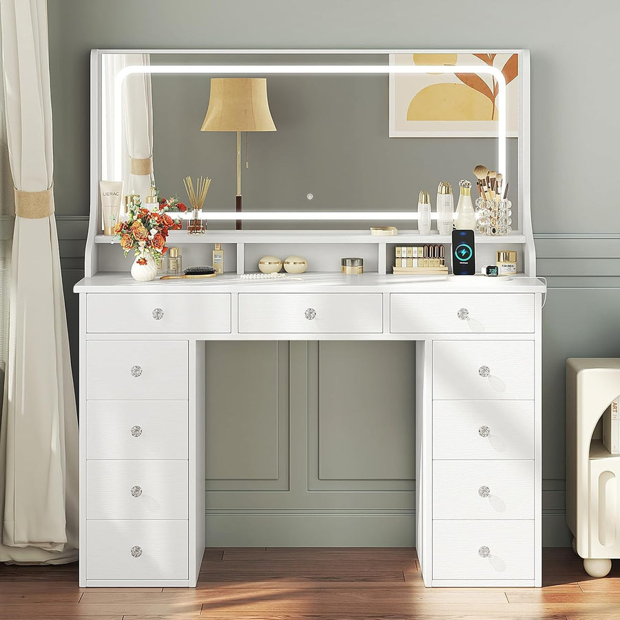 White Dressing Table Vanity Desk with Mirror LED Lights 11 Drawers Large Makeup