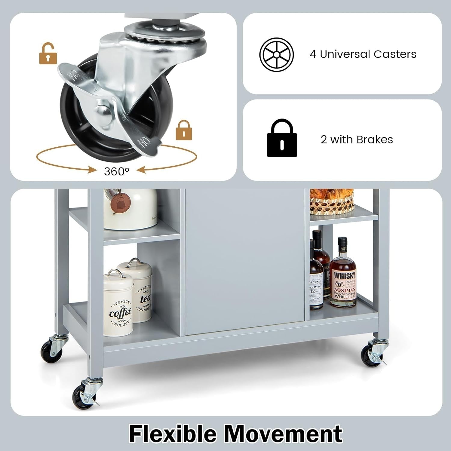 Kitchen Island Trolley with Drawers & Adjustable Shelf Grey 99x46x90cm