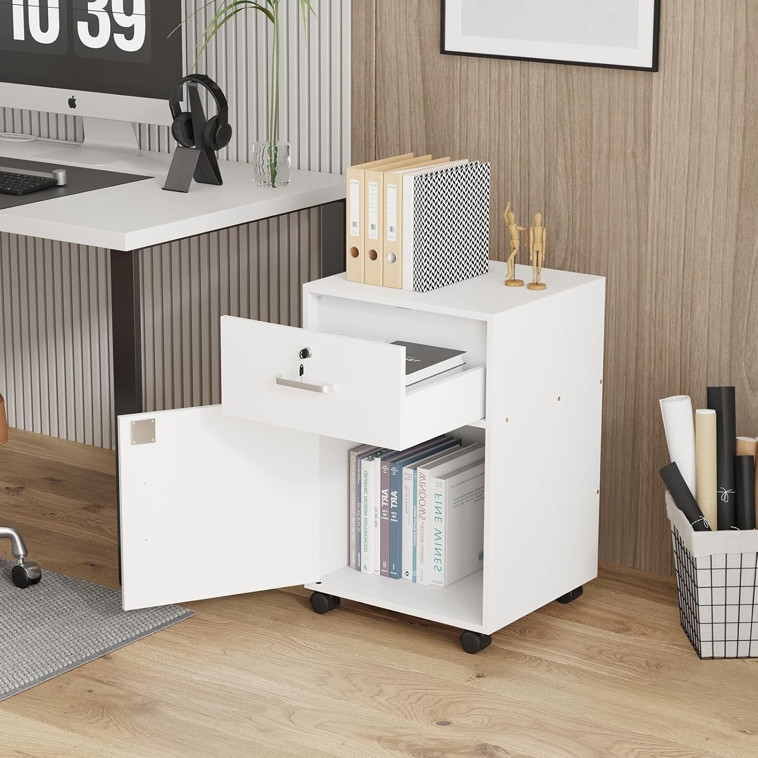 White Mobile Filing Cabinet Drawer Door Lockable A4 Under Desk on Wheels