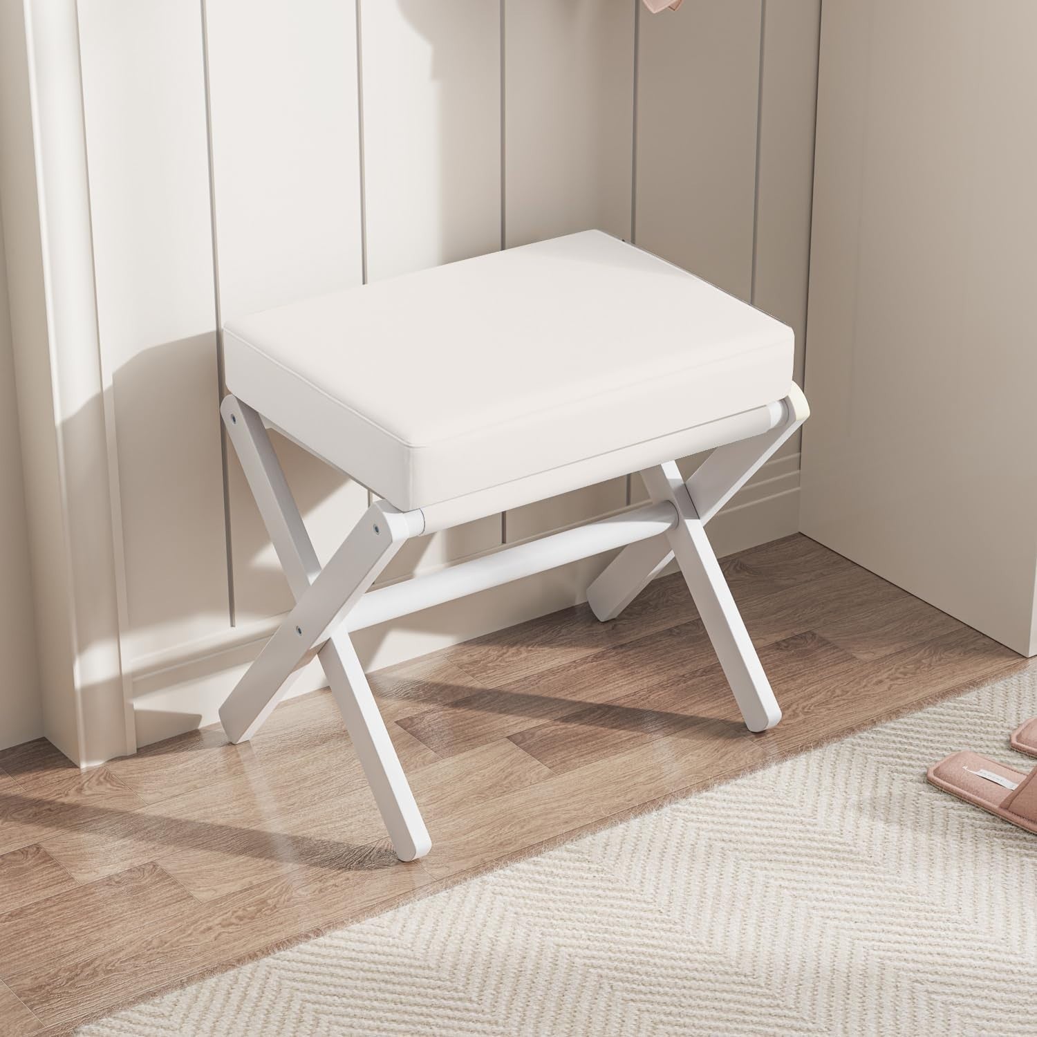 White Bamboo Foldable Footstool with Thick Cushion & X-Leg Design
