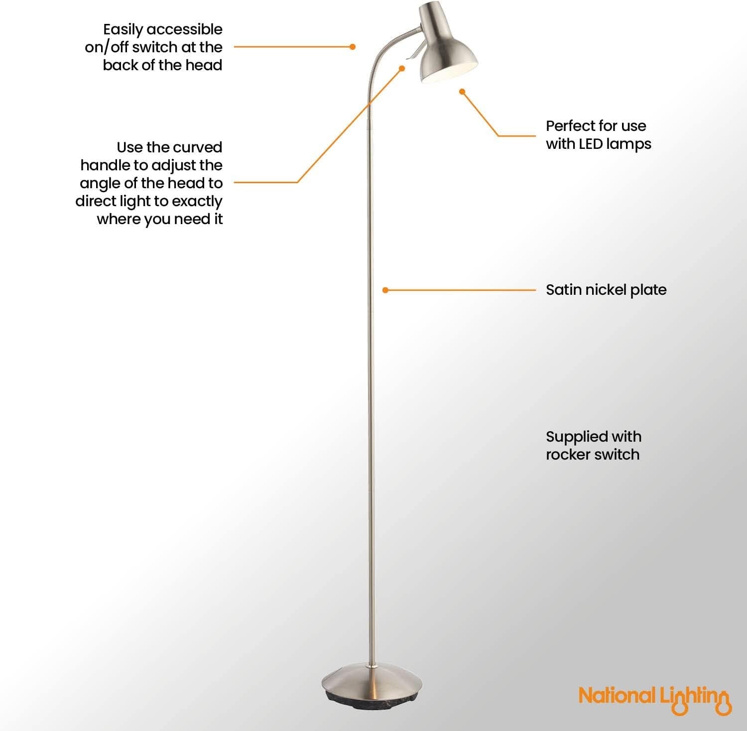 Flexible Gooseneck Floor Lamp Reading Light Satin Chrome Standing Task Lamp