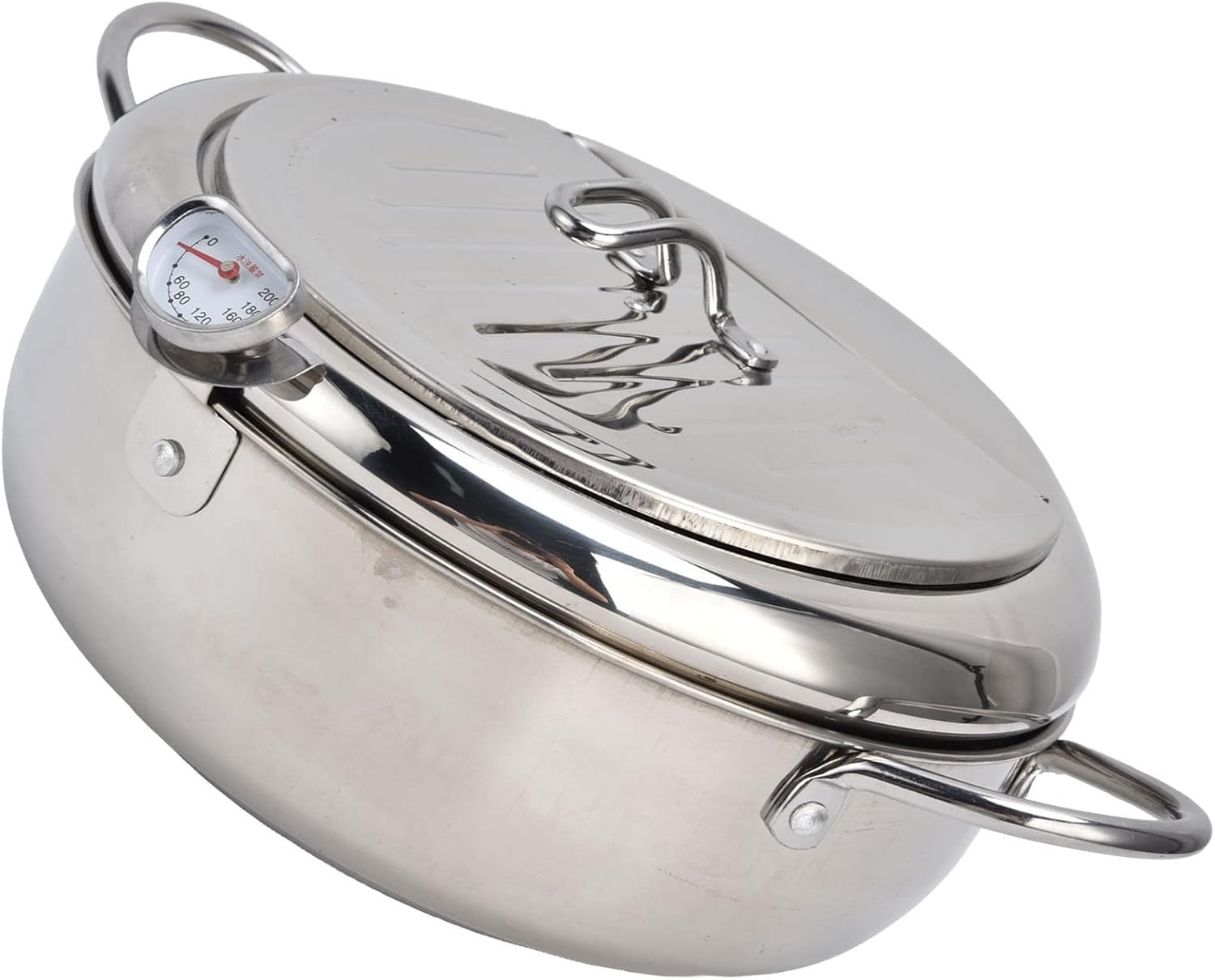Stainless Steel Tempura Fryer Pot w Thermometer Lid Oil Drip Rack