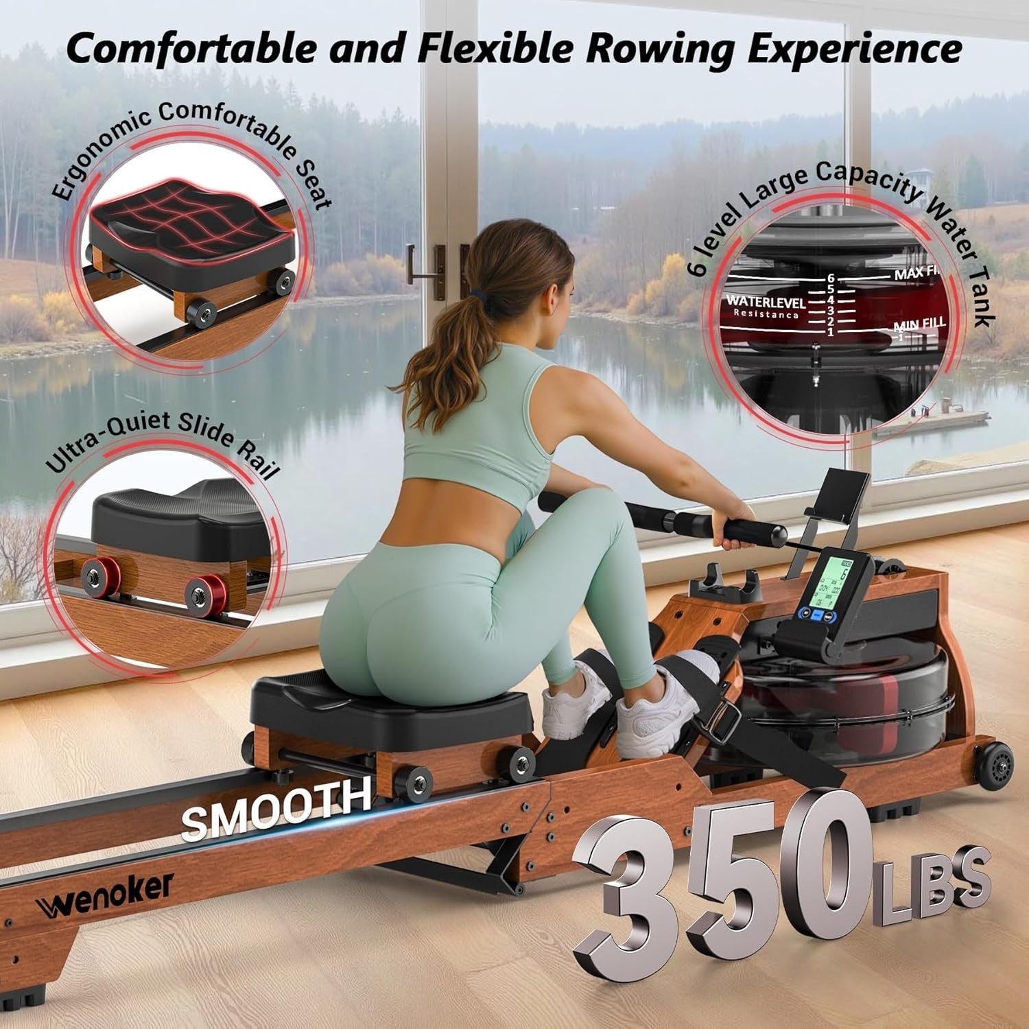 Foldable Wooden Water Rowing Machine 6-Level Resistance Bluetooth LCD Home Rower