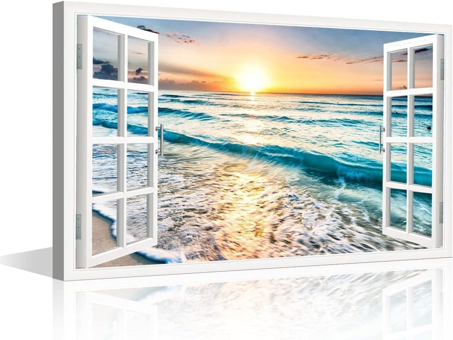 3D Ocean Window Canvas Wall Art 24x16 Framed Beach Wall Decor