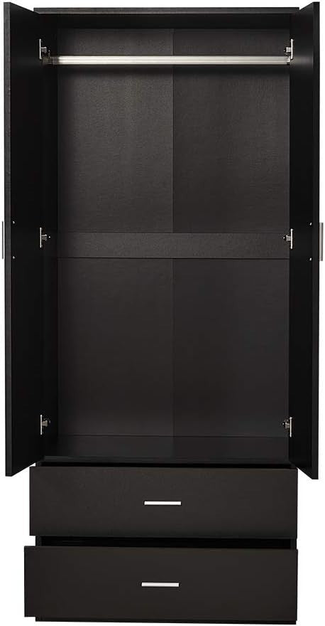 Black 2 Door Wardrobe with Hanging Rail & 2 Drawers Durable Bedroom Closet