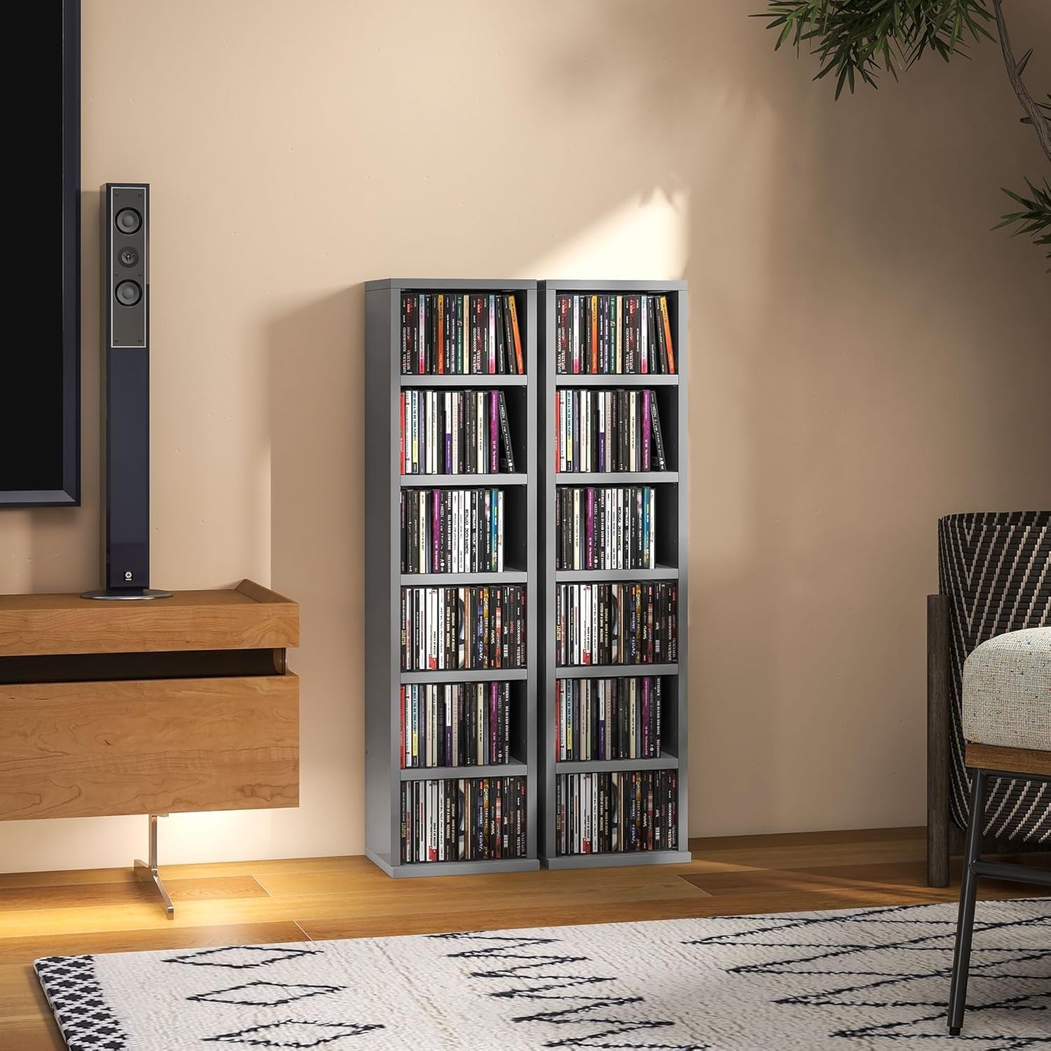 Set of 2 High Gloss Grey Media Storage Towers – Adjustable CD DVD Blu-Ray Racks
