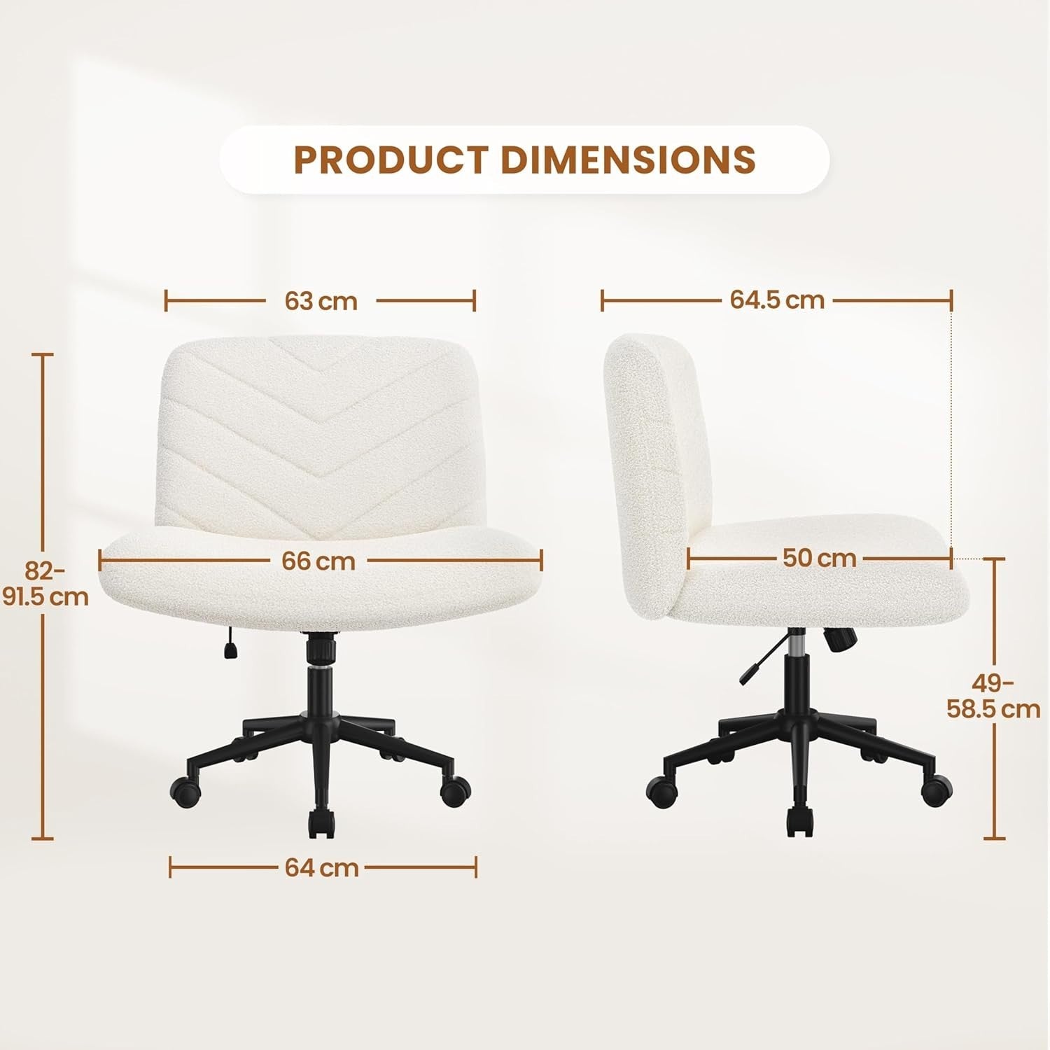 Adjustable Home Office Desk Chair Ivory Armless Swivel Extra-Wide Padded Seat