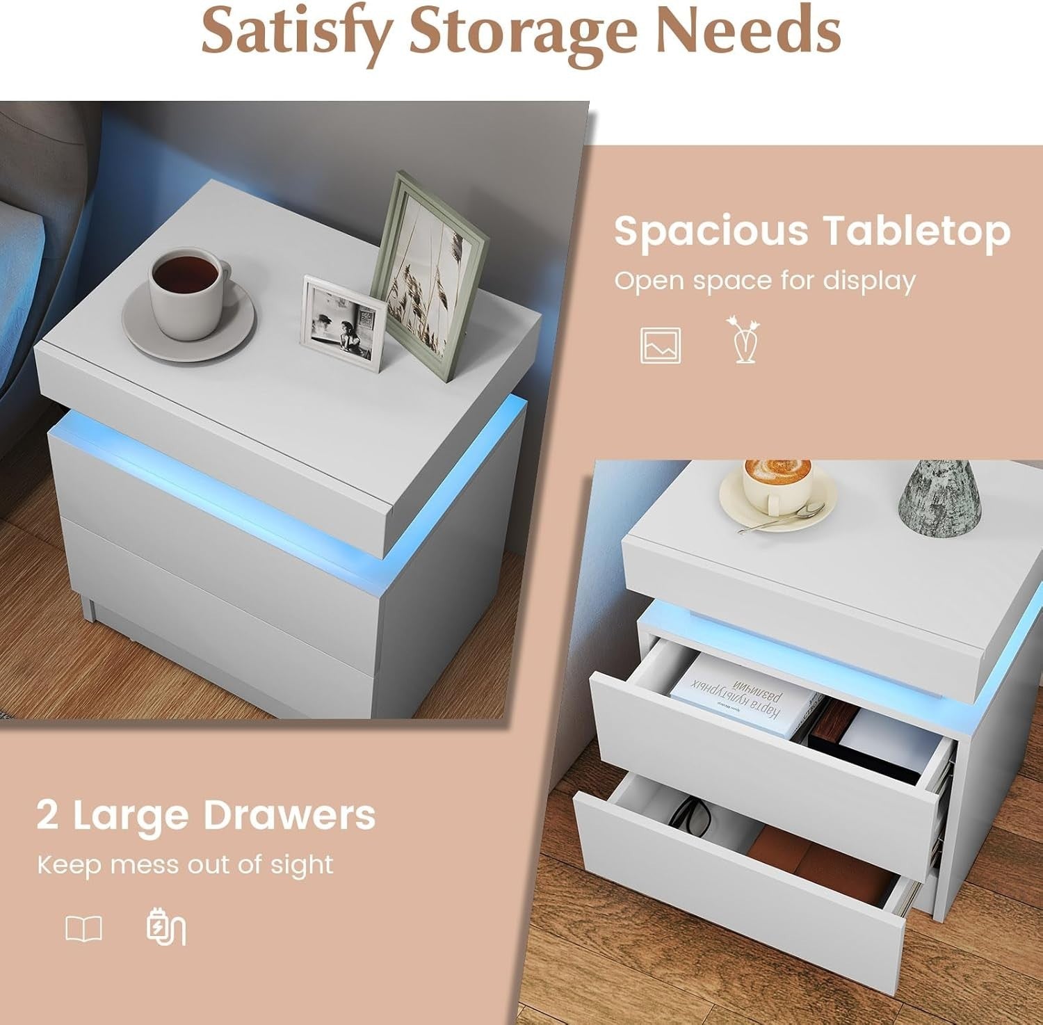 LED Bedside Table, White High Gloss Nightstand with RGB Lights & 2 Drawers