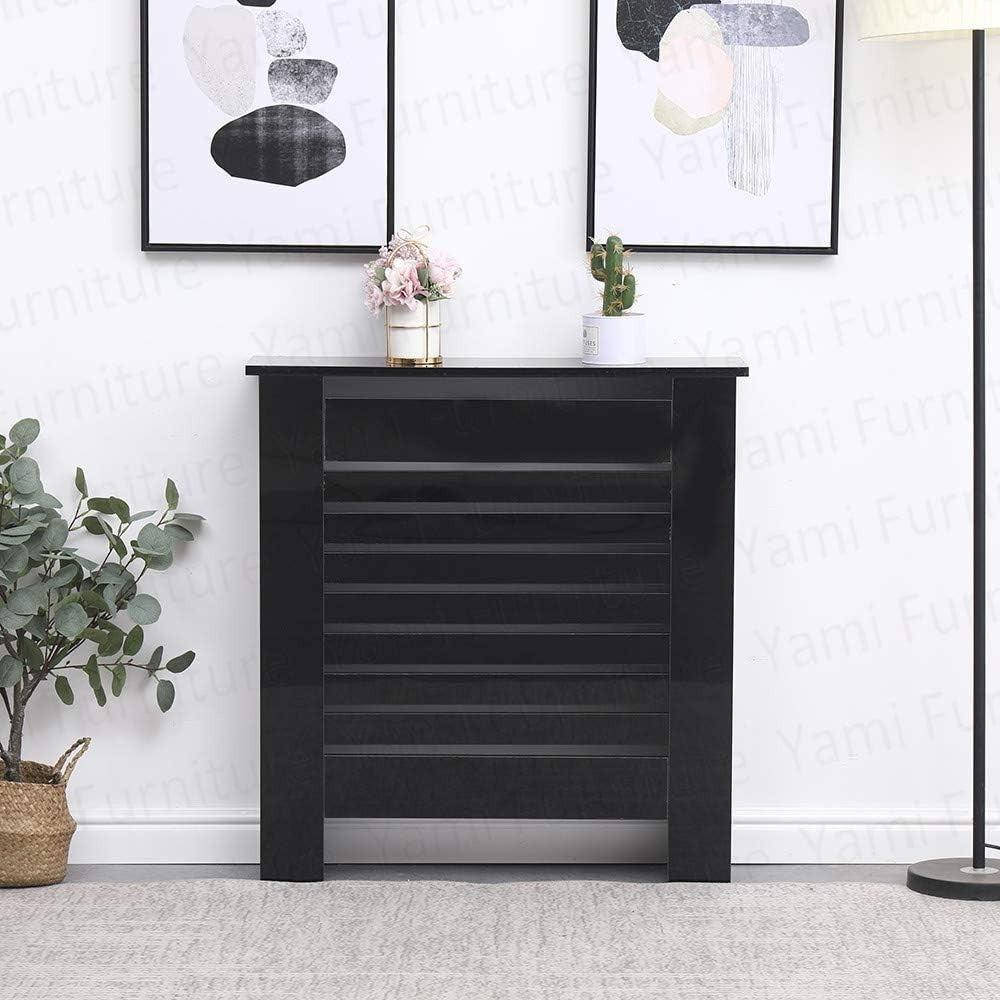 Small Black Radiator Cover High Gloss MDF Modern Horizontal Slat Design