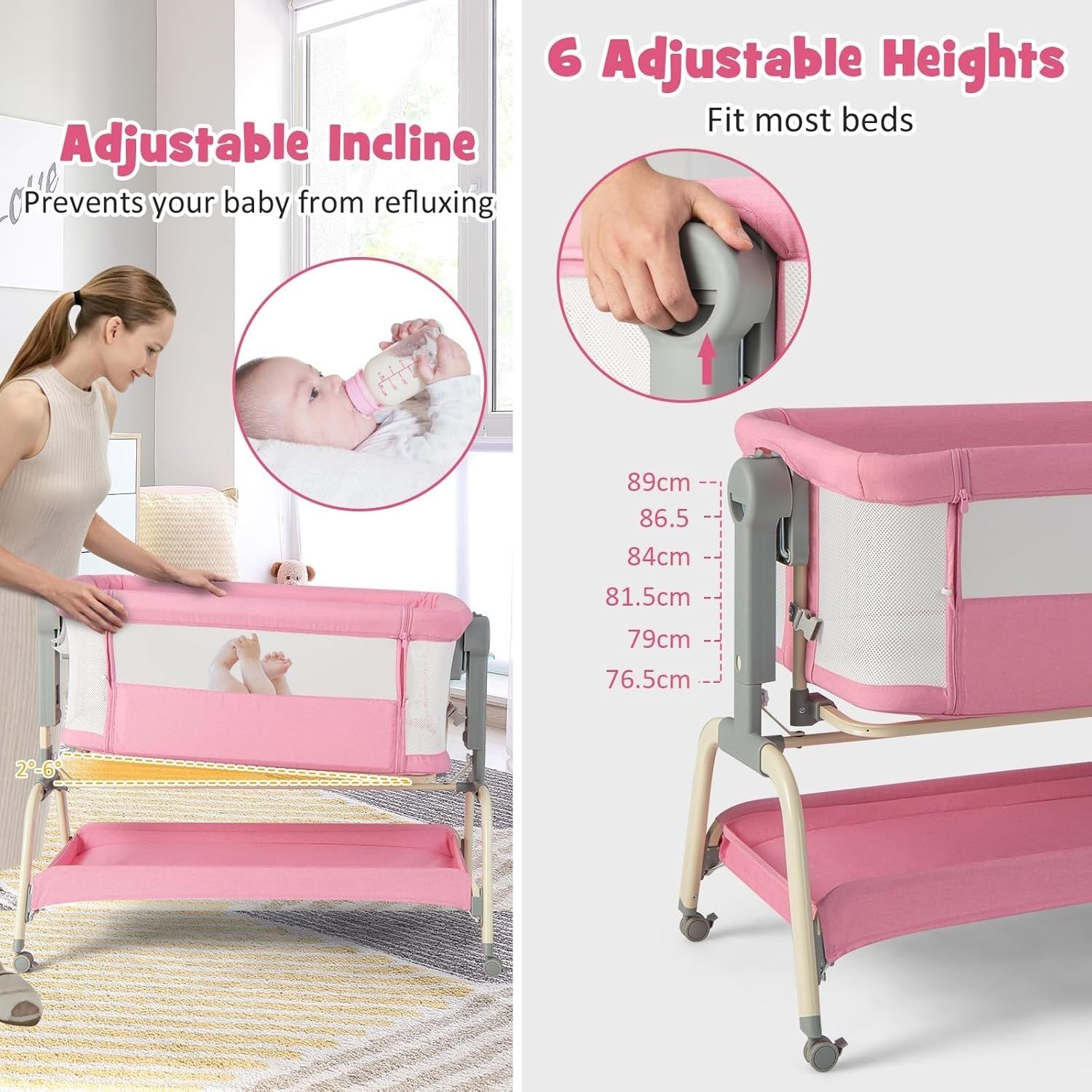 4in1 Baby Bedside Crib Adjustable Rocking Bassinet with Mattress & Storage Pink