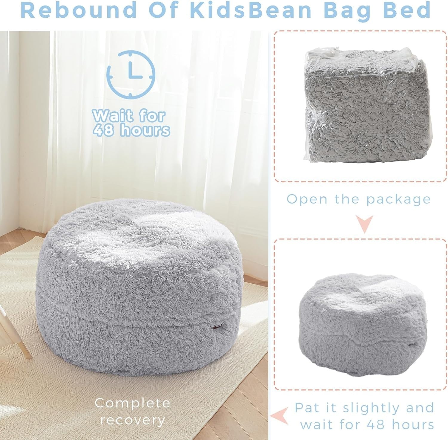 Grey Plush Kids Bean Bag Chair Bed Sofa Lounger Faux Fur Washable Foldable