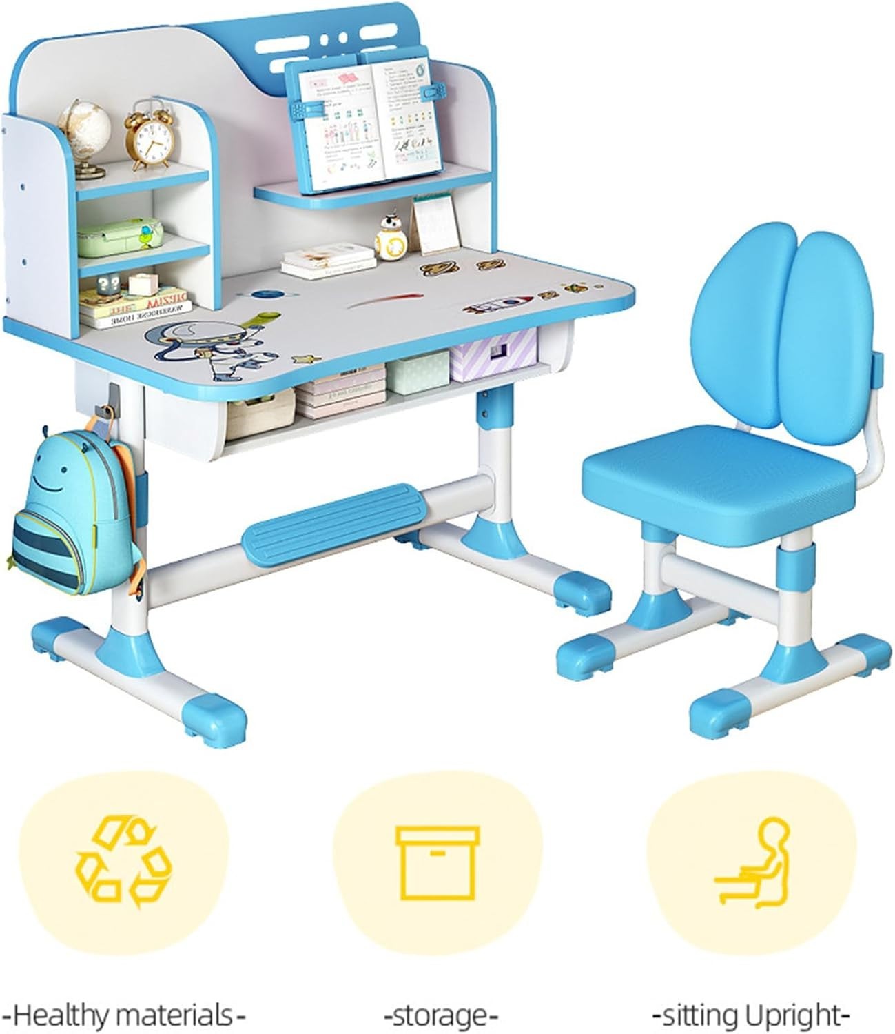 Kids Study Desk Chair Set Height Adjustable Writing Table with Bookshelf Blue