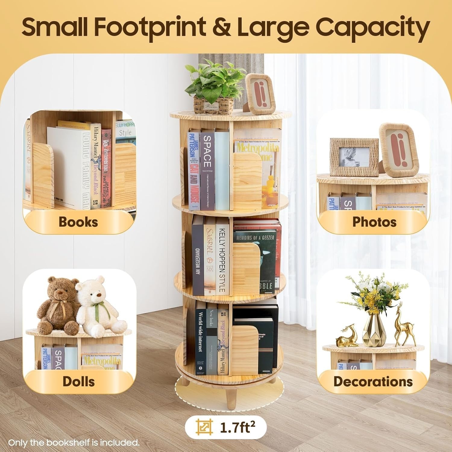 3 Tier Rotating Bamboo Bookshelf Tower | 360° Display Organizer 111cm