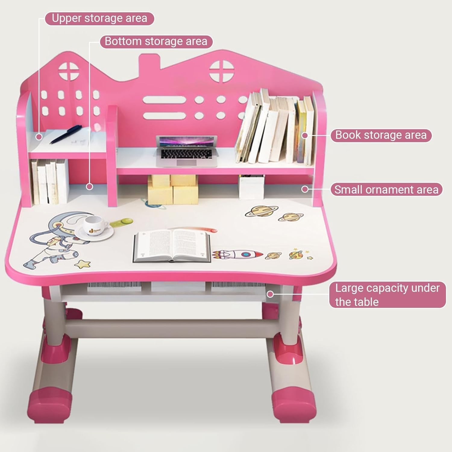 Kids Study Desk & Chair Set Height Adjustable Writing Table with Bookshelf Pink