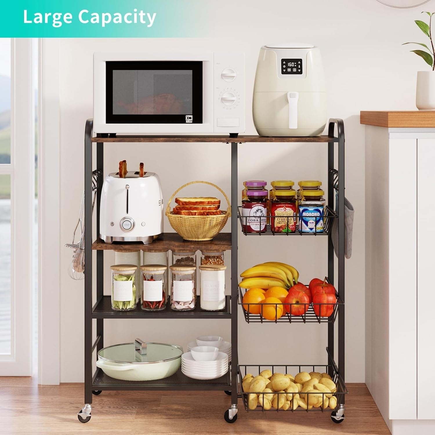 4 Tier Kitchen Trolley on Wheels w/ Pull Out Baskets