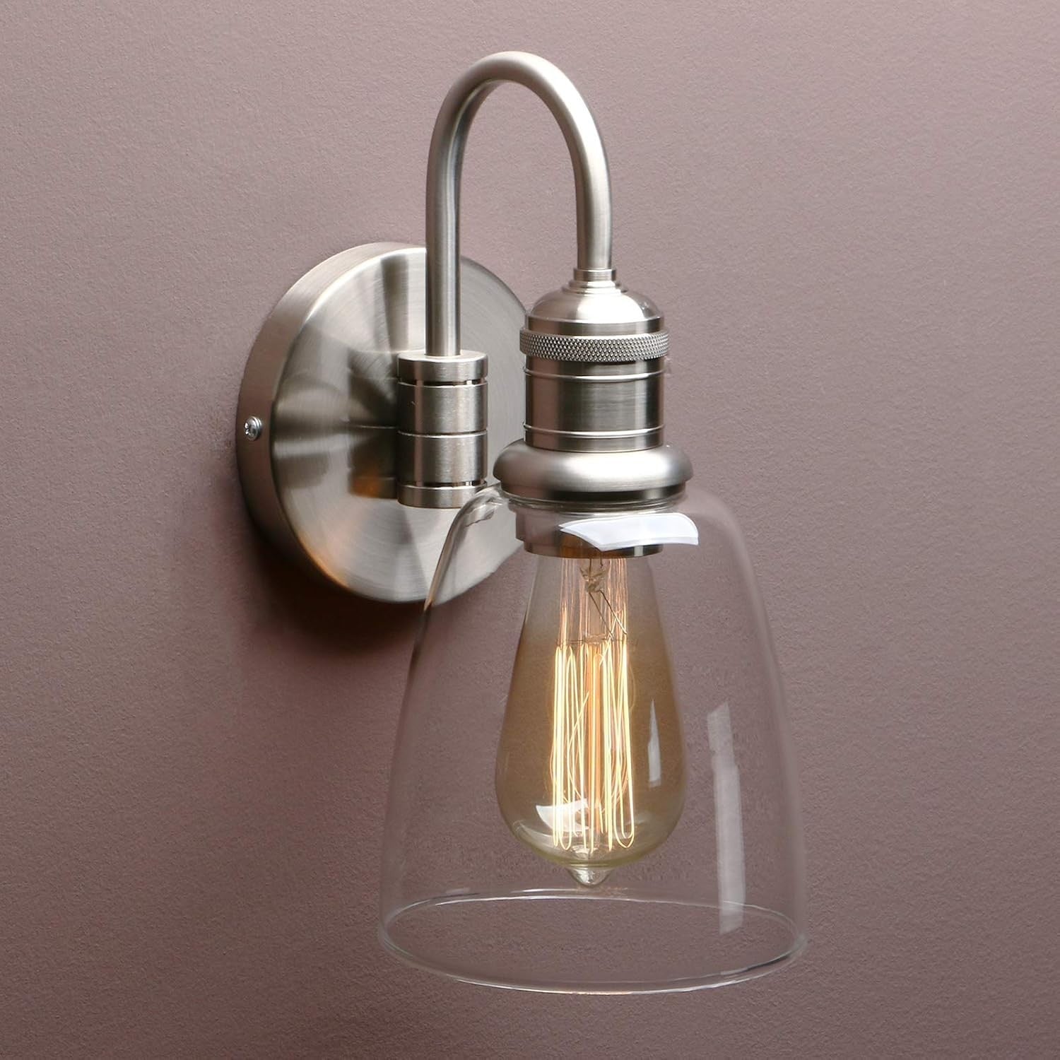 Vintage Industrial Glass Wall Sconce Lights, Clear Shade, Brushed Metal