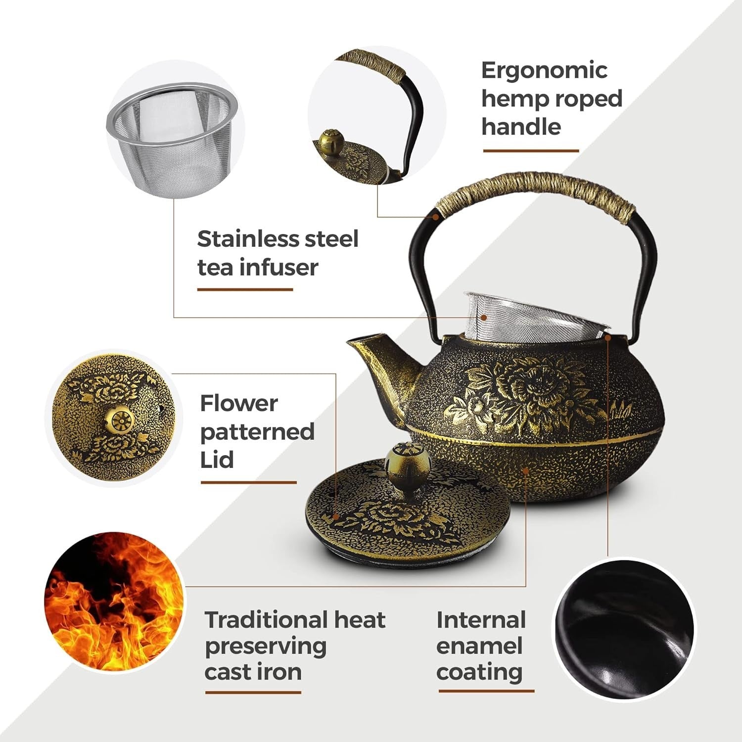 Cast Iron Teapot 1200ml Chinese Tetsubin Tea Pot w Infuser Black Gold