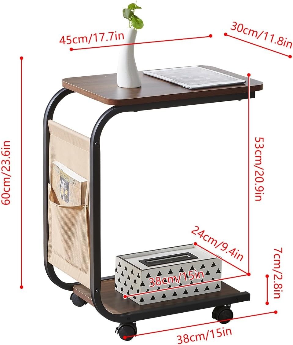 Mobile Brown C-Shaped Side Table with Wheels & Storage Basket for Sofa