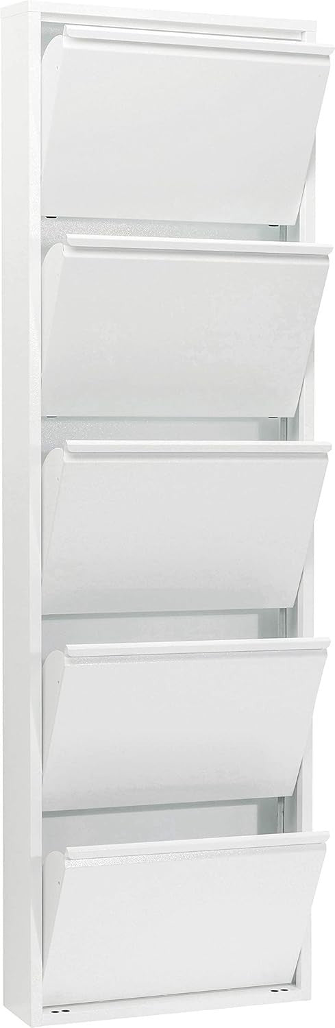 Slim 5-Drawer Shoe Cabinet White– Space-Saving Metal Tilt Rack 170x50x15cm