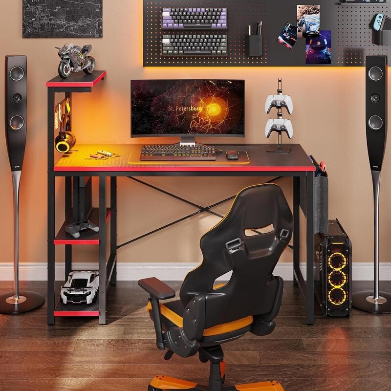 Gaming Desk 113CM LED Lights Shelves Reversible PC Table with Storage Bag