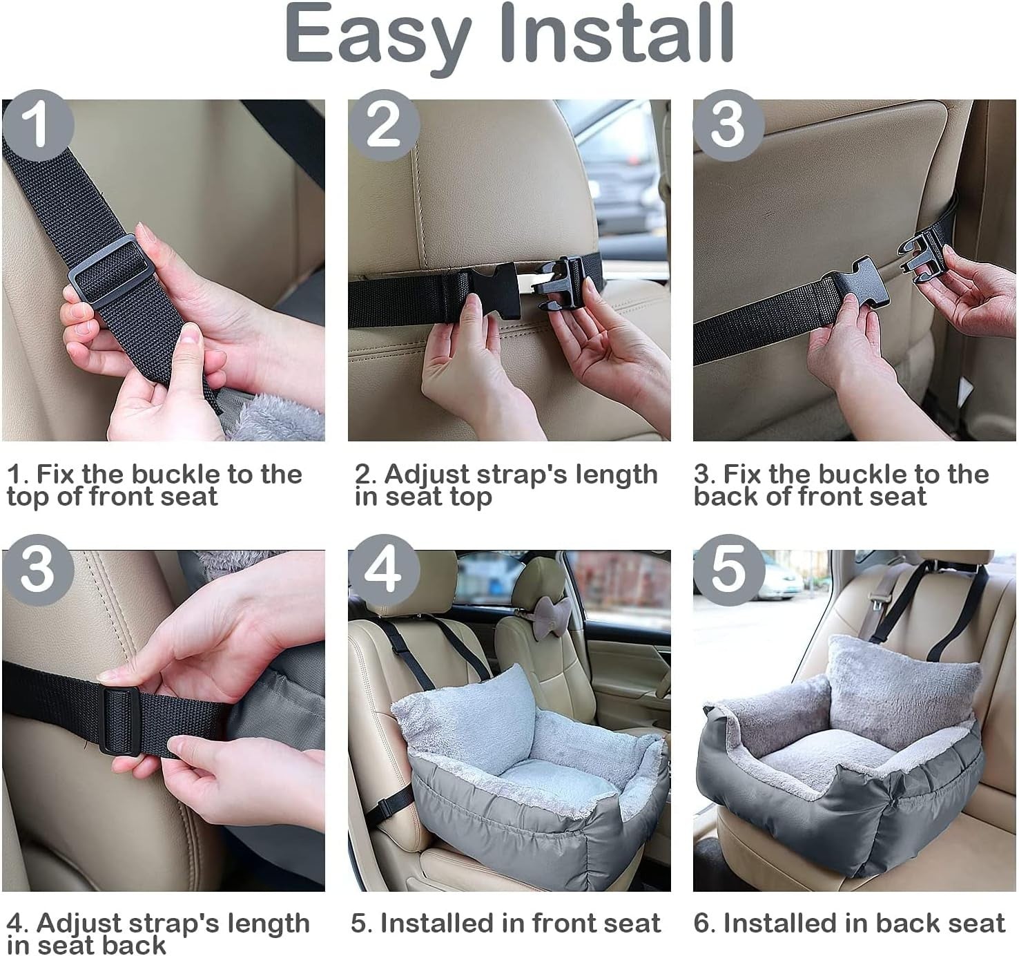 Pet Car Booster Seat Plush Dog Travel Bed Safety Leash Waterproof Grey