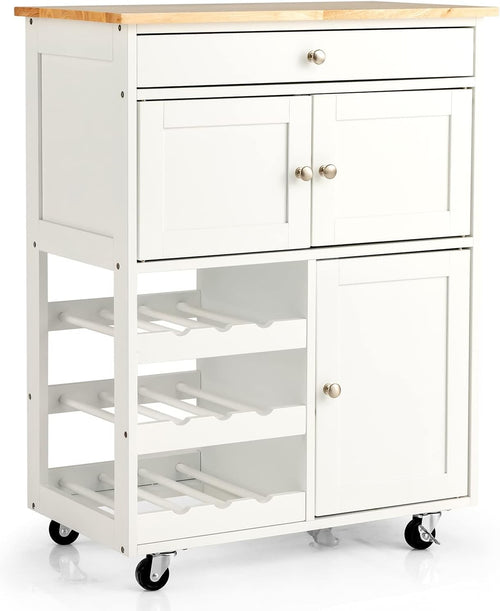 Kitchen Serving Trolley Storage Island Cart Drawer Wine Rack Wheels