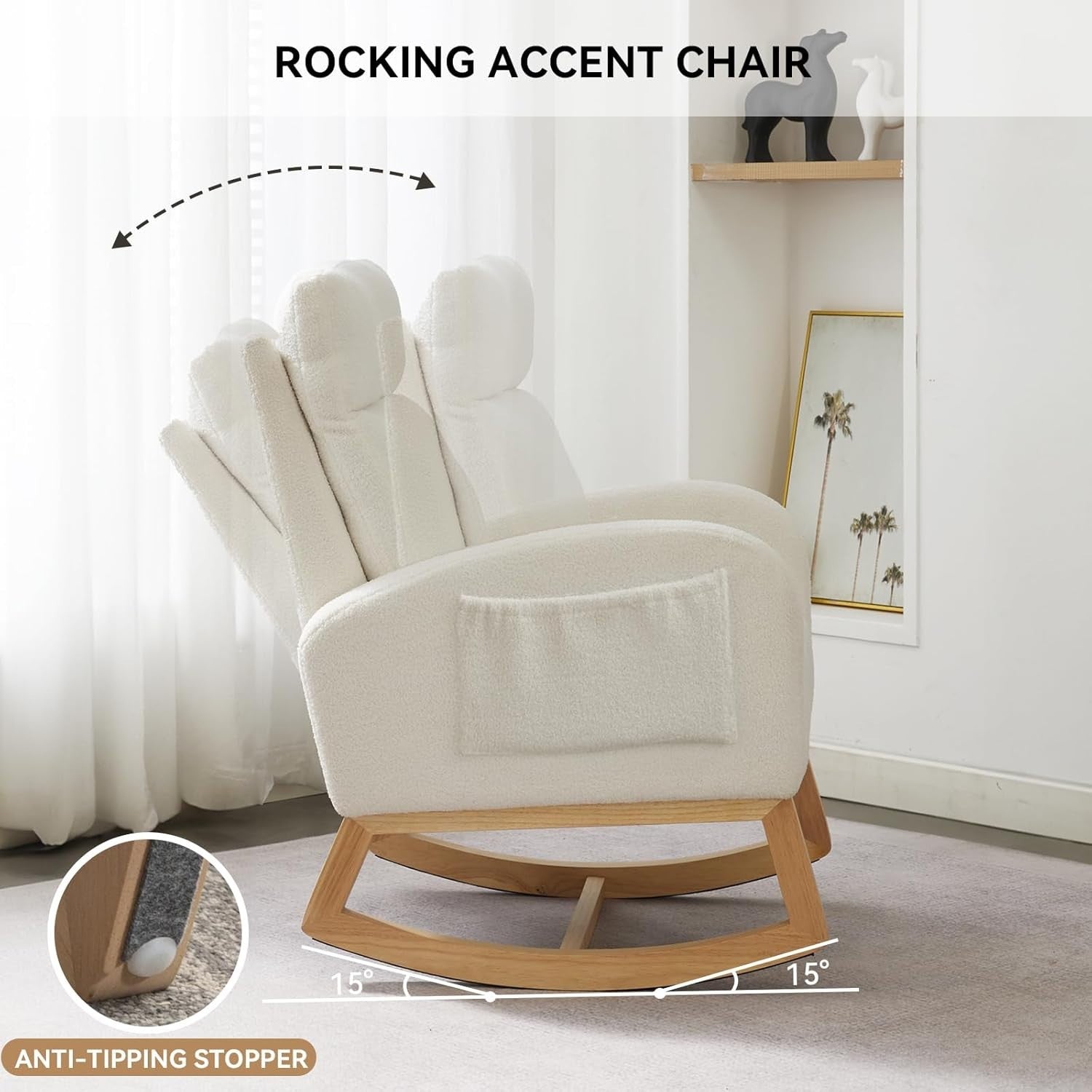 Comfy Rocking Chair for Adults Nursery Bouclé Glider w/ Wood Base Ivory