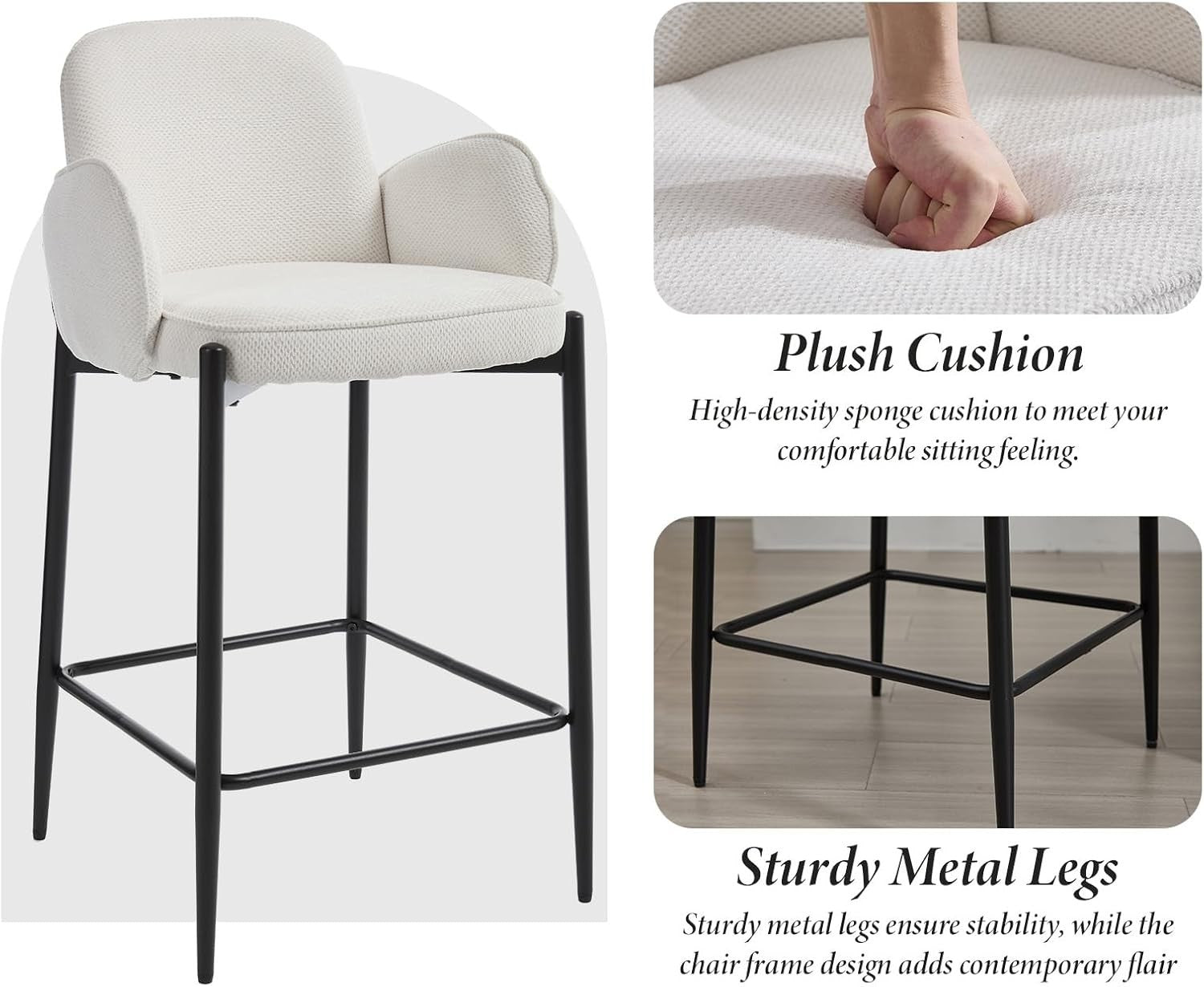 Modern White Bar Stools Set of 2 | Chenille Seat, Metal Legs, Armrest